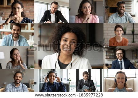 Head shot diverse business people partners engaged in online conference, using webcam and social media platform for group video call, colleagues brainstorming, negotiating, internet corporate meeting Royalty-Free Stock Photo #1835977228