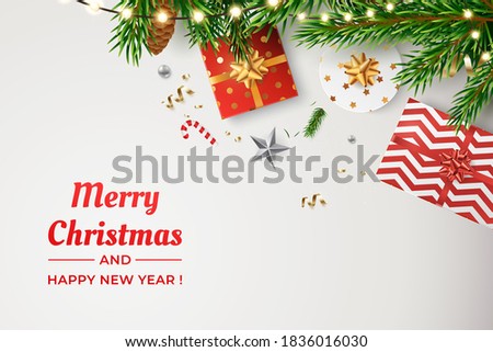 Christmas vector background. Composition of realistic spruce branches, golden confetti, glowing garlands and gift boxes. Merry Christmas and Happy New Year greeting card design. Flat lay, top view.