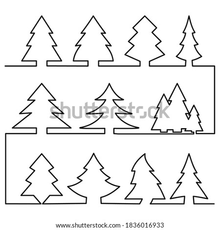 Continuous line christmas tree vector icons isolated. Happy Xmas monoline spruce or new year pines holiday silhouettes and shapes illustration