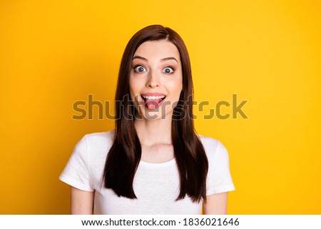 Portrait of positive cheerful crazy girl enjoy fooling weekend show tongue-out wear good look, clothes isolated over vivid color background