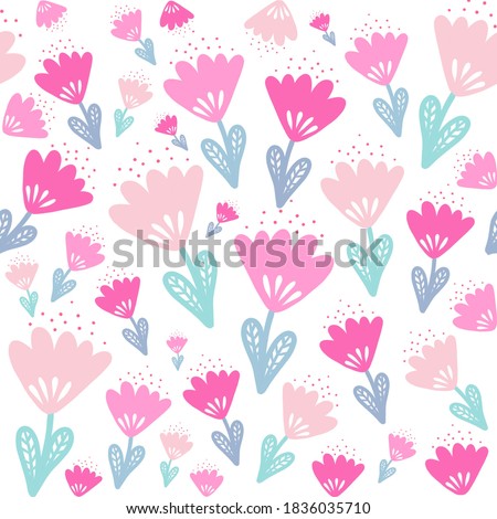 Seamless pattarn flowers. Pink minimalist flowers. Summer print. Design for fabric, for children’s clothes, textile, packaging. 