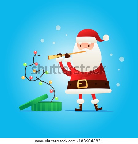 Happy Santa Claus playing the flute. Snake Christmas garland Dancing. Vector illustration. Concept