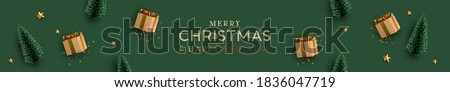 Christmas banner. Background Xmas design of realistic beige gifts box, decorative green tree pine, gold star, golden tinsel confetti. Horizontal Christmas header for website template, flat top view. Royalty-Free Stock Photo #1836047719