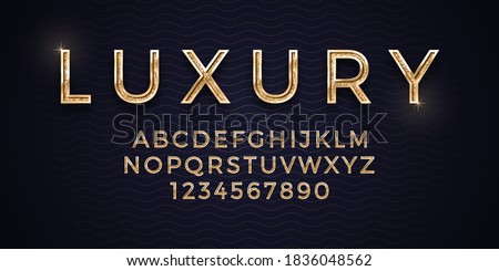 3D Vector Elegant Luxury Golden Font Isolated On Abstract Background. Premium Royal Vip Gold Alphabet Design Elements. Expensive Golden Metalic Typescript On Deep Blue Backdrop Royalty-Free Stock Photo #1836048562