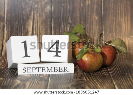 September 14. Day 14 of month. Calendar cube on wooden background with red apples, concept of business and an important event. Autumn season.