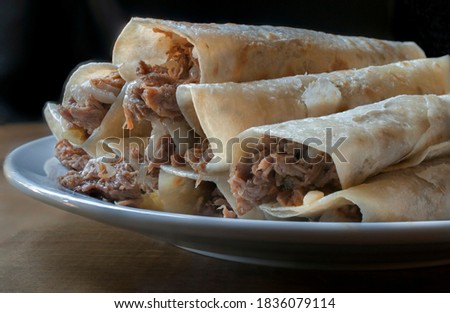 Macro Photography, Mexican food, beef burritos in a plate made with flour tortillas, Mexican tacos 