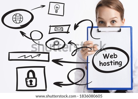 Business, technology, internet and network concept. Young businessman thinks over the steps for successful growth: Web hosting