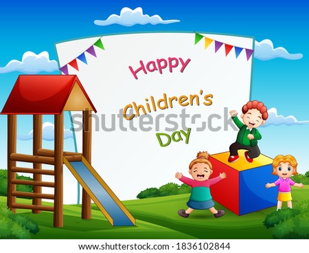 Happy children's day poster with kids in the park illustration