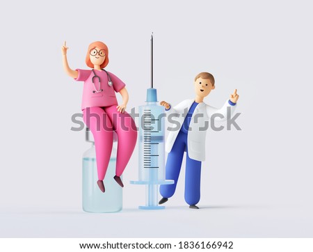 3d render of cartoon characters, two doctors man and woman give advice on vaccination. Medical clip art isolated on white background.