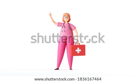 3d render, cartoon character woman doctor wears pink uniform, holds red case first aid kit. Medical clip art isolated on white background.