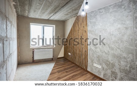 Empty apartment with modern plastic window and heating radiators before and after renovation. Comparison of old room and new renovated place with parquet and chandeliers. Concept of home restoration. Royalty-Free Stock Photo #1836170032