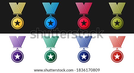 Set Medal with star icon isolated on black and white background. Winner achievement sign. Award medal. Vector.