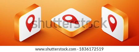 Isometric Location icon isolated on orange background. Pointer symbol. Navigation map, gps, direction, place, compass, contact, search concept. Orange square button. Vector illustration