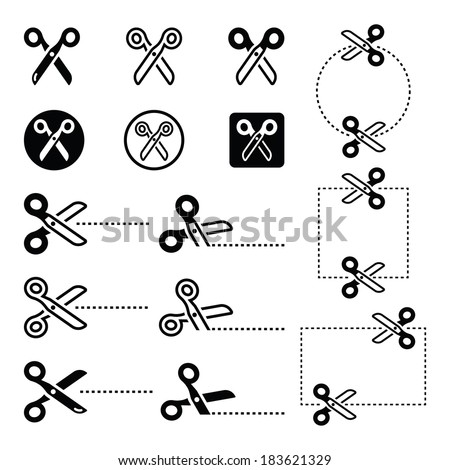 Scissors with cut lines icons set 