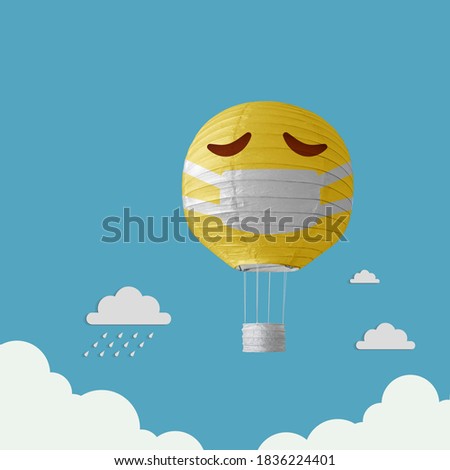 hot air balloon Emoji Emoticon flying with clouds on sky, traveling concept, Emoji emoticon with medical mask over mouth