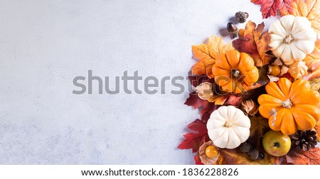 Thanksgiving background decoration from dry leaves and pumpkin on  gray stone background. Flat lay, top view with copy space.