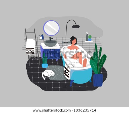 Girl relaxes in bath with foam and sleeping cat. Daily life and everyday routine scene by young woman in scandinavian style cozy bathroom with homeplants. Cartoon vector illustration.