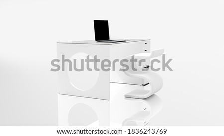 Laptop on work desk in white office and Clipping path. OS or Operating System and Minimal concept. 3D Render.