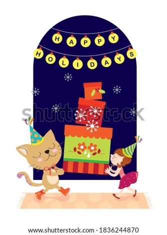 happy holidays cat and girl holding gift boxes cute vector graphic illustration