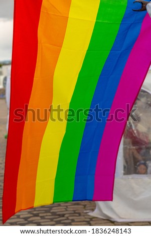 Rainbow flag waving in wind.