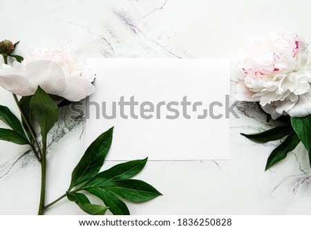 Pink peonies with empty card on white  background, top view, space for text. floral greeting card mock-up. happy valentines day