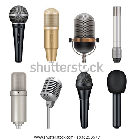 Microphones realistic. Audio studio equipment for singing and talking vector templates set