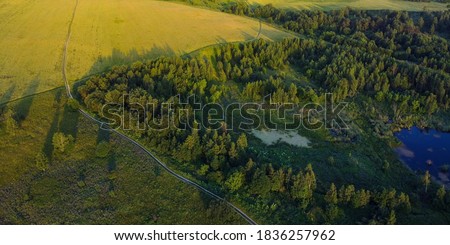 Aerial view - forest, meadow, field and swamp on sunset light. European nature.