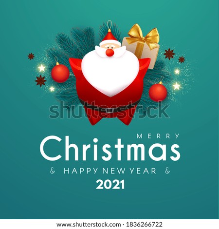 Merry Christmas and Happy New 2021 Year design template with 3D elements: Santa Claus, gifts, fir tree and balls.