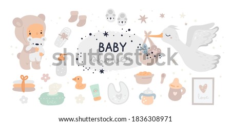 Baby shower set with little baby girl or boy, stork, diapers, toy, drinking Cup, towel and accessories for newborn.  The most necessary items for a little nursery, kids in the first year of life