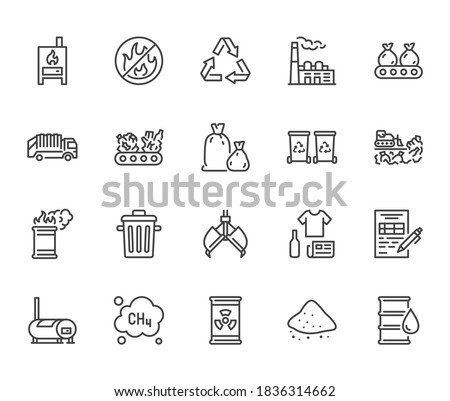 Waste recycling flat line icons set. Garbage bag, truck, incinerator factory, container, bin, rubbish dump vector illustration. Outline signs of trash management. Pixel perfect. Editable Stroke. Royalty-Free Stock Photo #1836314662