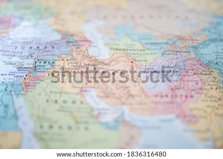 Picture of Syria, Iraq, Iran and Afganistan on a Blurry and Colorful Middle East Map