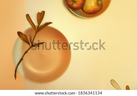 Autumn flat lay with plates, dry leaves and apples on paper background with shadow from sun