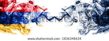 Armenia vs United States of America, America, US, USA, American, Charleston, South Carolina smoky mystic flags placed side by side. Thick colored silky abstract smoke flags