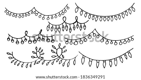 Set of Christmas illumination. Hand drawn vector Christmas garlands. Clip art isolated on white background. Design for home decoration, coloring book, greeting cards.