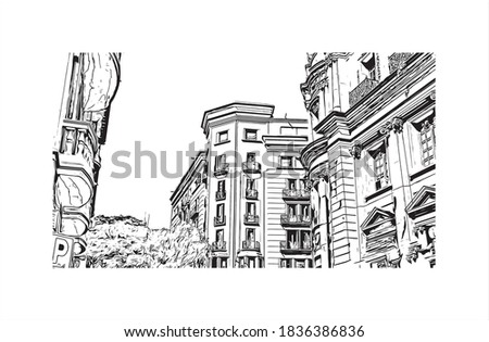 Building view with landmark of Barcelona is a city on the coast of northeastern Spain. Hand drawn sketch illustration in vector.