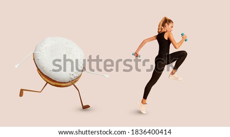 Fitness Woman Running Away From Unhealthy Donut With Icing Exercising With Dumbbells On White Studio Background. Weight Loss, Healthy Diet And Sporty Lifestyle Concept. Panorama, Collage