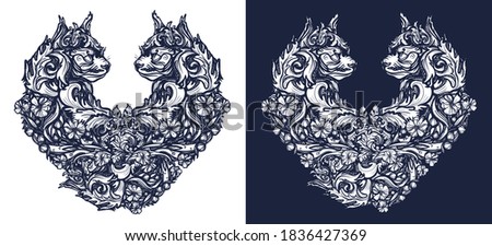 Two cats in the form of heart tattoo and t-shirt design. Symbol of feeling, love, passion. Black and white vector graphics 