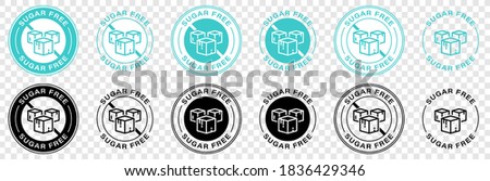 Product labeling - sugar free. Crossed-out sugar cubes in a round stamp. Information sticker for packaging. Vector illustration
