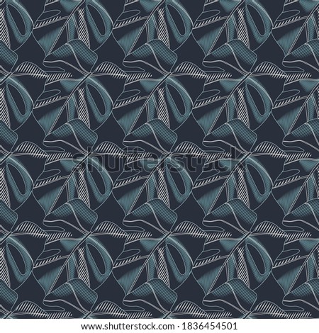 Dark abstract monstera leaf silhouettes seamless pattern. Houseplant tropical print in navy blue tones palette. Decorative backdrop for fabric design, textile, wrapping, cover. Vector illustration