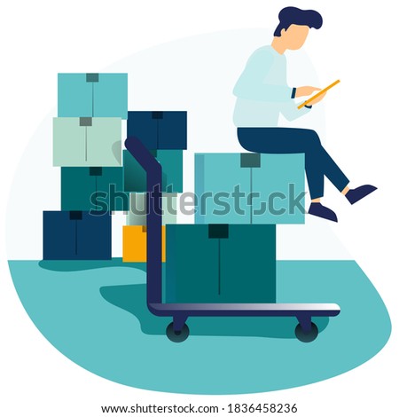 Fast delivery boy character with clipboard and trolley and boxes on it flat style design vector illustration. Delivery man with clipboard in his hands. Symbol of delivery company. Fast and free.