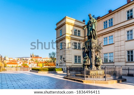 Statue of Charles IV with Prague Castle on background, Old Town of Prague, Czech Republic