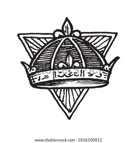 Black and white vintage etched art. Ink drawn ghotic clipart for sticker, tattoo, print. Royal crown on triangular frame. Absolute monarchy and power symbol. Old vintage luxury corona sketch.