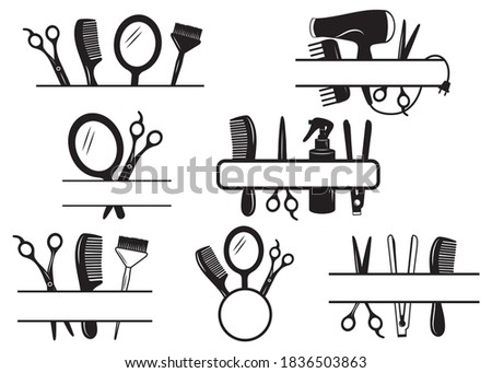 Set of logos for a hairdresser. Collection of elements items for the beauty salon. Design decoration for a barber shop. Vector illustrations for hair cutting. Tattoo. Royalty-Free Stock Photo #1836503863