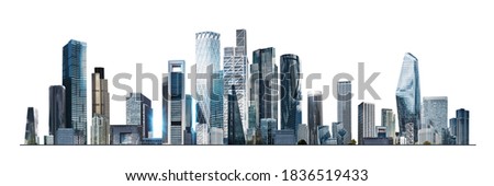 Modern City illustration isolated at white with space for text. Success in business, international corporations, Skyscrapers, banks and office buildings. Royalty-Free Stock Photo #1836519433