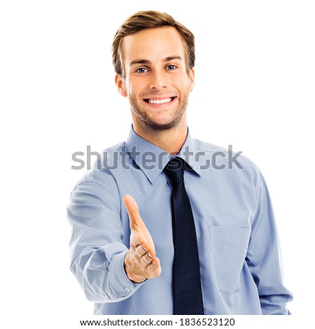 Businessman giving hand for handshake, isolated over white background. Success in business, wellcome concept. Studio portrait of man in grey confident clothing. Square composition picture. 