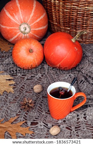Hot tea in an orange mug on a background of bright pumpkins and a knitted gray jacket, vertical frame