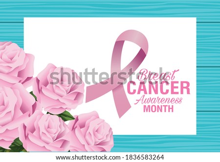 breast cancer awareness month lettering with roses flowers and ribbon pink vector illustration design