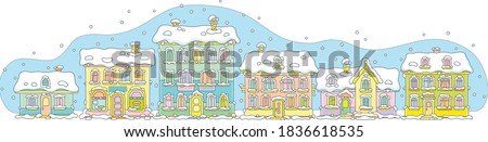 Colorful toy houses covered with snow on a cold and snowy winter day in a small town, vector cartoon illustration on a white background