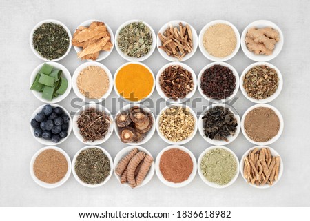 Adaptogen health food collection with fruit, herbs, spices & supplement powders. Natural plant based foods that help the body deal with stress & promote or restore normal physiological functions.  Royalty-Free Stock Photo #1836618982