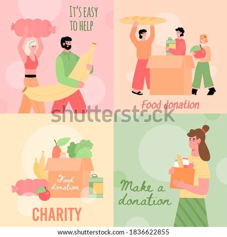 Set of cards with concept of charity and support for poor, homeless and hungry. Volunteers carry food and filling cardboard donation boxes to help of shelter. Vector illustrations.